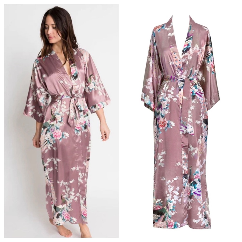 Kim + Ono Satin Charmeuse Cherry Blossom Rose Mauve Long Dressing Robe Kimono